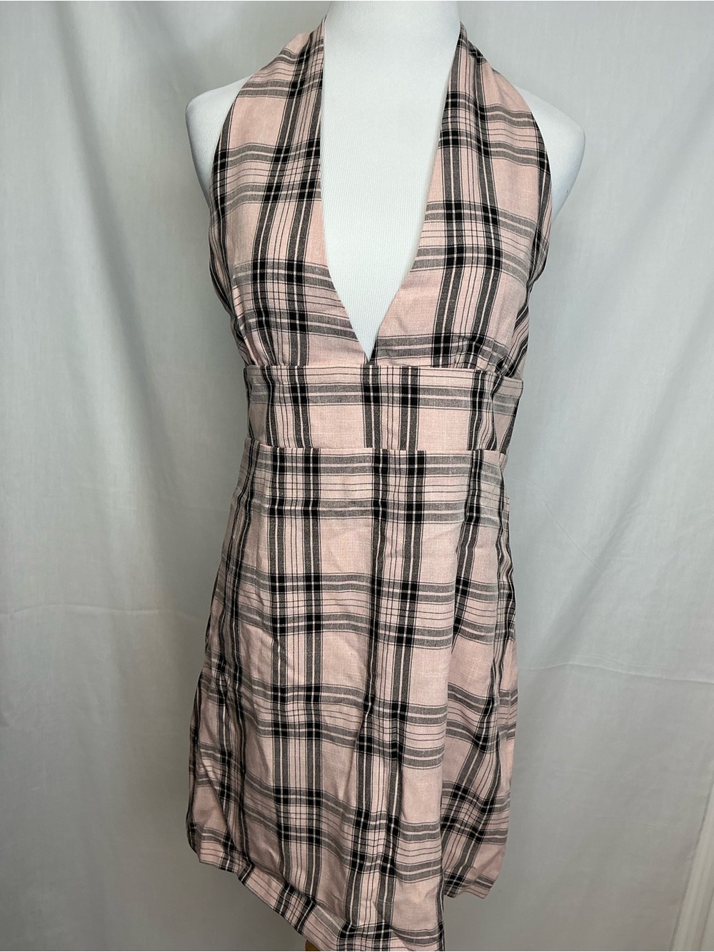 2166 - ROMWE Pink and Black Plaid Halter Mini Dress